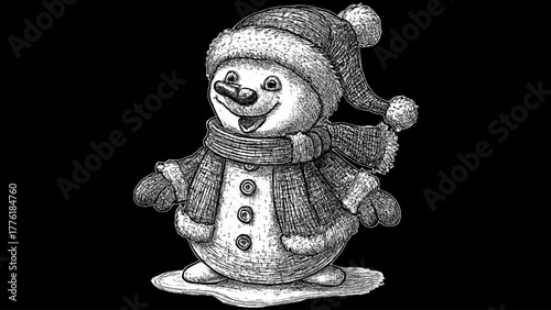 Charming hand drawn snowman with festive hat and scarf, exuding winter joy and holiday cheer