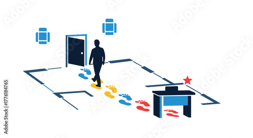 Employee following a path of colorful footprints on an office floor plan, representing a guided onboarding process or career path.