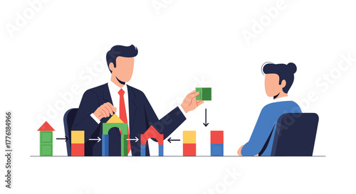 Male mentor teaching a female employee about process and structure by demonstrating with a sequence of colorful building blocks.