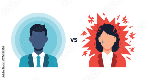 Conceptual illustration contrasting a calm, composed businessman with an angry, stressed businesswoman showing different emotional states.