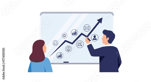 Businessman pointing to an upward trending arrow on a whiteboard for a female colleague, illustrating successful business growth.