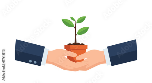 Two hands in business suits carefully holding a small potted plant, representing business growth, investment, and sustainability.