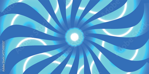 Abstract blue swirling vortex with radiating curved rays and glowing arcs from a central point.
