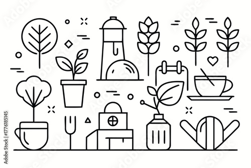 Minimalist black-and-white line drawing of plants, trees, pots, lighthouse, coffee cup, and garden tools, perfect for eco design, gardening, sustainability, and creative projects.