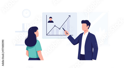 Male manager presenting a growth chart to a female employee, showing positive performance review and career development.