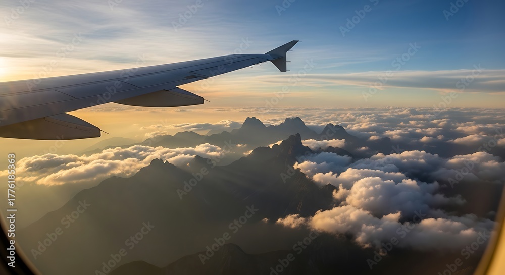 Obraz premium Airplane Wing Over Clouds - A Journey Through the Sky.