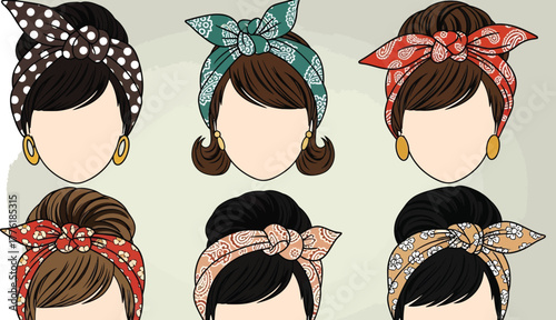 Retro hairstyles featuring vintage bandanas and scarves for a classic look isolated on transparent background