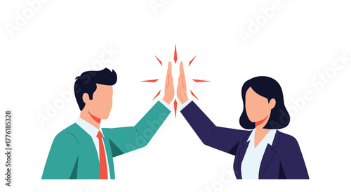 Businessman and businesswoman celebrating a successful partnership with a high five, symbolizing teamwork and achievement.