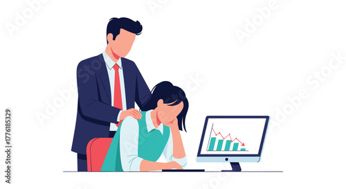 Supportive male colleague comforting a stressed female employee who is upset about a declining business chart on her computer.