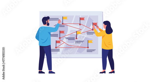 Two colleagues collaborating on a large map, plotting a strategic route with pins and lines to represent a project roadmap.