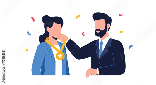 Male manager awarding a gold medal to a female employee as a form of recognition for her outstanding achievement and success.