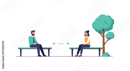 Man and woman practicing social distancing by sitting on separate benches in a park, with an arrow indicating the space between.