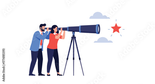 Business partners looking through a large telescope at a distant star, symbolizing shared vision, goals, and future ambitions.