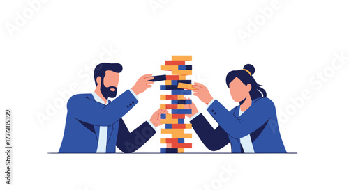 Man and woman in business suits strategically building a tower with colorful wooden blocks, symbolizing collaboration and risk.