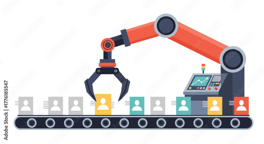 Fototapeta premium Robotic arm on a conveyor belt selecting a specific candidate icon, illustrating automation in the recruitment and HR process.