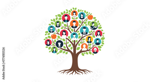 Family tree illustration with diverse profile icons on its branches, representing genealogy, ancestry, and social networks.