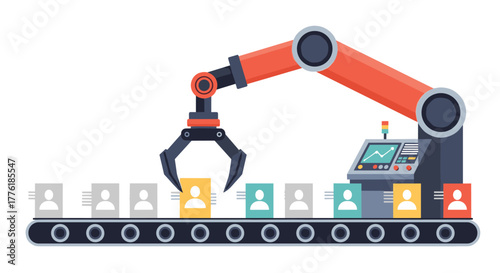 Robotic arm on a conveyor belt selecting a specific candidate icon, illustrating automation in the recruitment and HR process.