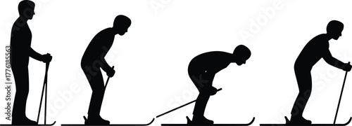 Downhill skiing silhouette, skier posture, slope stance, black graphic, vector illustration, winter sport, dynamic motion, snow activity, outdoor icon, techniqueDownhill skiing silhouette,