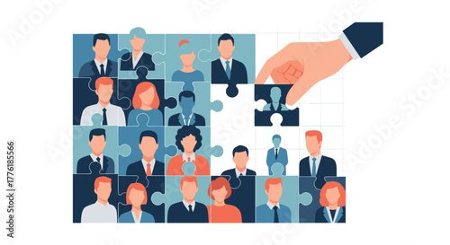 Human resources manager completing a puzzle of employee portraits, symbolizing team building and finding the right candidate.