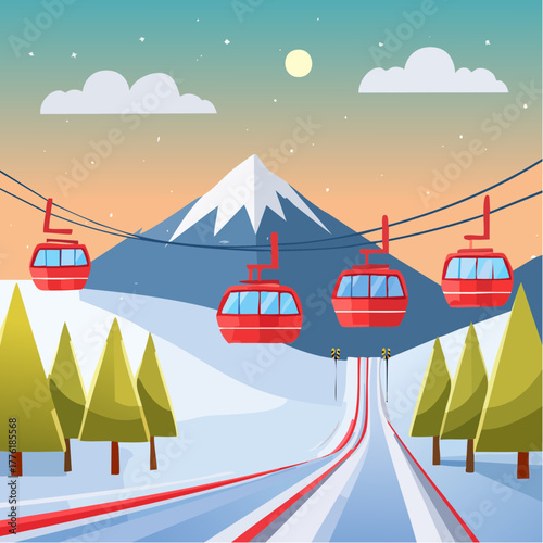 Ski lifts ascend snowy slopes at ski resort on a winter evening