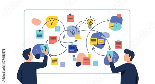 Two colleagues collaborating on a large whiteboard, creating a mind map with sticky notes and lightbulbs to brainstorm ideas.