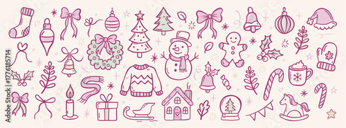 Set of coquette hand-drawn Christmas doodles. Vintage ink drawings sketch style. festive icons, snowman, gifts, mittens, wreath, trees, and candy canes, gift, bows, stars, winter holiday for printing