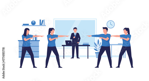 Office employees participating in a morning fitness routine or corporate wellness program, stretching together with a manager.