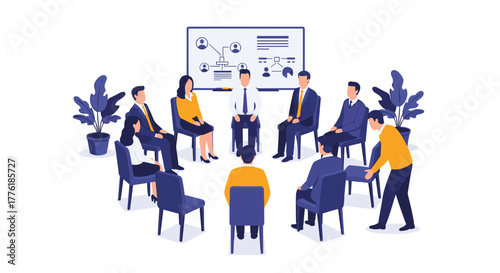 Corporate team participating in a group therapy or coaching session, sitting in a circle and discussing business strategy.