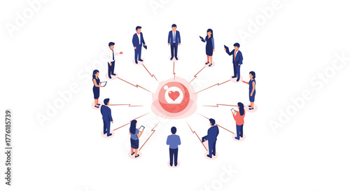 Network of people connected to a central heart icon, symbolizing customer loyalty, brand community, or social influence.