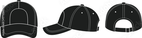 Black baseball cap three views front side back isolated graphic element apparel fashion isolated on transparent background