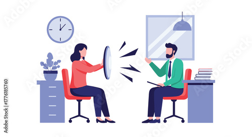 Woman holding up a shield to protect herself from a male colleague's words in an office setting, depicting workplace boundaries.