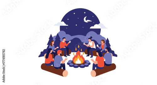 Group of friends or colleagues enjoying a social gathering around a campfire at night, fostering team bonding and community.