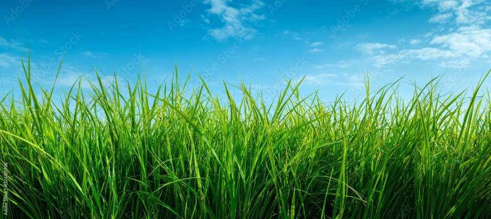 Fototapeta premium Green grass field and blue sky background. Generative AI technology.