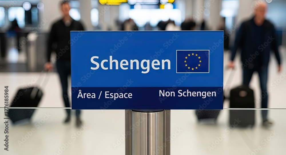 Fototapeta premium Schengen area sign at airport with travelers in background 