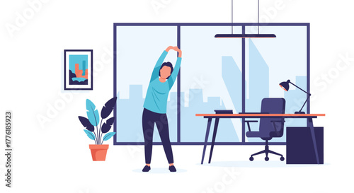 Woman taking a wellness break in a modern office, stretching her arms to relieve stress and improve workplace posture.