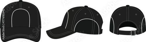 Three views of a black baseball cap front side and back for design and fashion isolated on transparent background