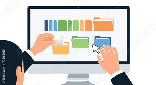 User organizing digital files on a computer screen, dragging a document into a folder to manage data and information.