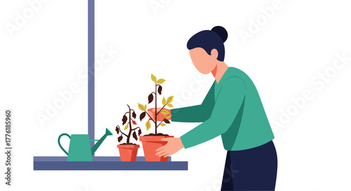 Caring woman nurturing a healthy potted plant next to a wilting one on a windowsill, illustrating growth and neglect.