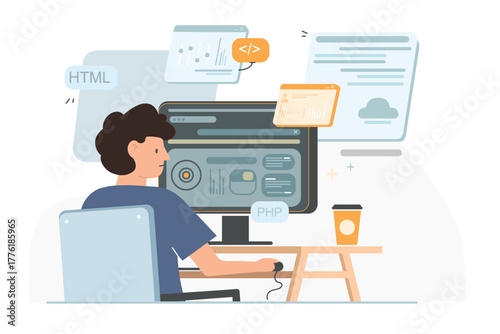 Vector illustration of software developer. Cartoon scene, an IT specialist writes code in programming languages and creates structure and content of web pages isolated on white background.