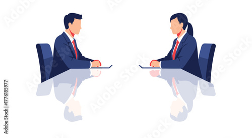 Professional man and woman in business suits sitting opposite each other at a reflective table for a job interview or meeting.