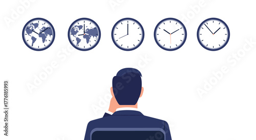 Businessman from behind looking at a series of clocks showing different international time zones, managing a global schedule.
