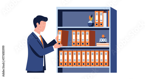 Professional man in a business suit organizing files by placing an orange binder onto a shelf in a modern office cabinet.