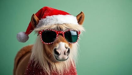Festive Holiday Equestrian Scene with Santa Claus Miniature Horse and Pony Wearing Santa Hat