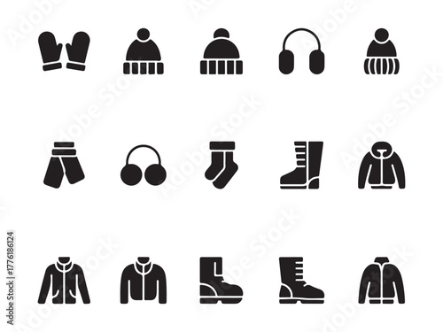 Winter Clothing Collection: A stylish compilation of essential winter apparel, designed to offer warmth, comfort, and style during the chilly season. Featuring mittens, hat, earmuffs, scarf, socks.