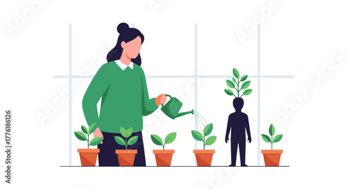 Woman watering several potted plants, one of which is a human silhouette with a plant growing from its head, representing growth.