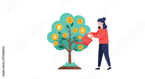 Woman watering a money tree with gold coins, representing investment, financial growth, and nurturing business assets for returns.