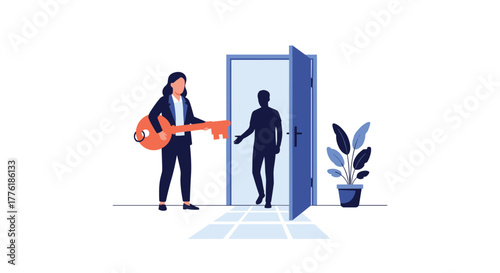 Businesswoman holding a giant key and opening a door for a person's silhouette, symbolizing opportunity, access, and new beginnings.