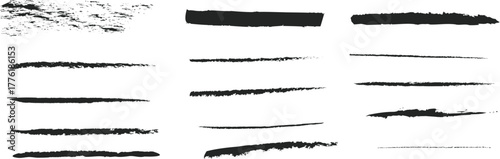 Collection of black brush stroke textures and lines on white background  variety of black brush stroke textures and lines are displayed against a clean white background, showcasing different artistic 