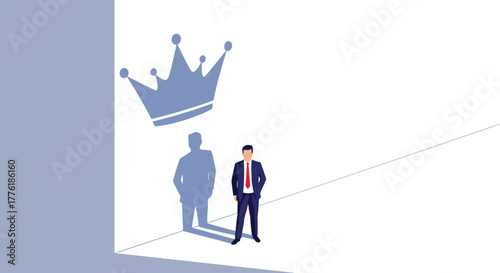 Ambitious businessman standing in a corner with his shadow casting a large crown on the wall, symbolizing leadership and aspiration.