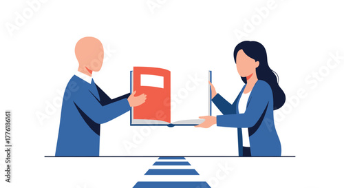 Concept of knowledge transfer with one person passing an open book to another across a symbolic bridge or pathway.